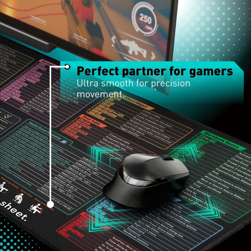Pixiecube Excel Shortcut Keys Mouse Pad - Extended Large XXL Cheat Sheet Gaming Mousepad | PC Office Spreadsheet Keyboard Mat | Non-Slip Stitched Edge - Image 4